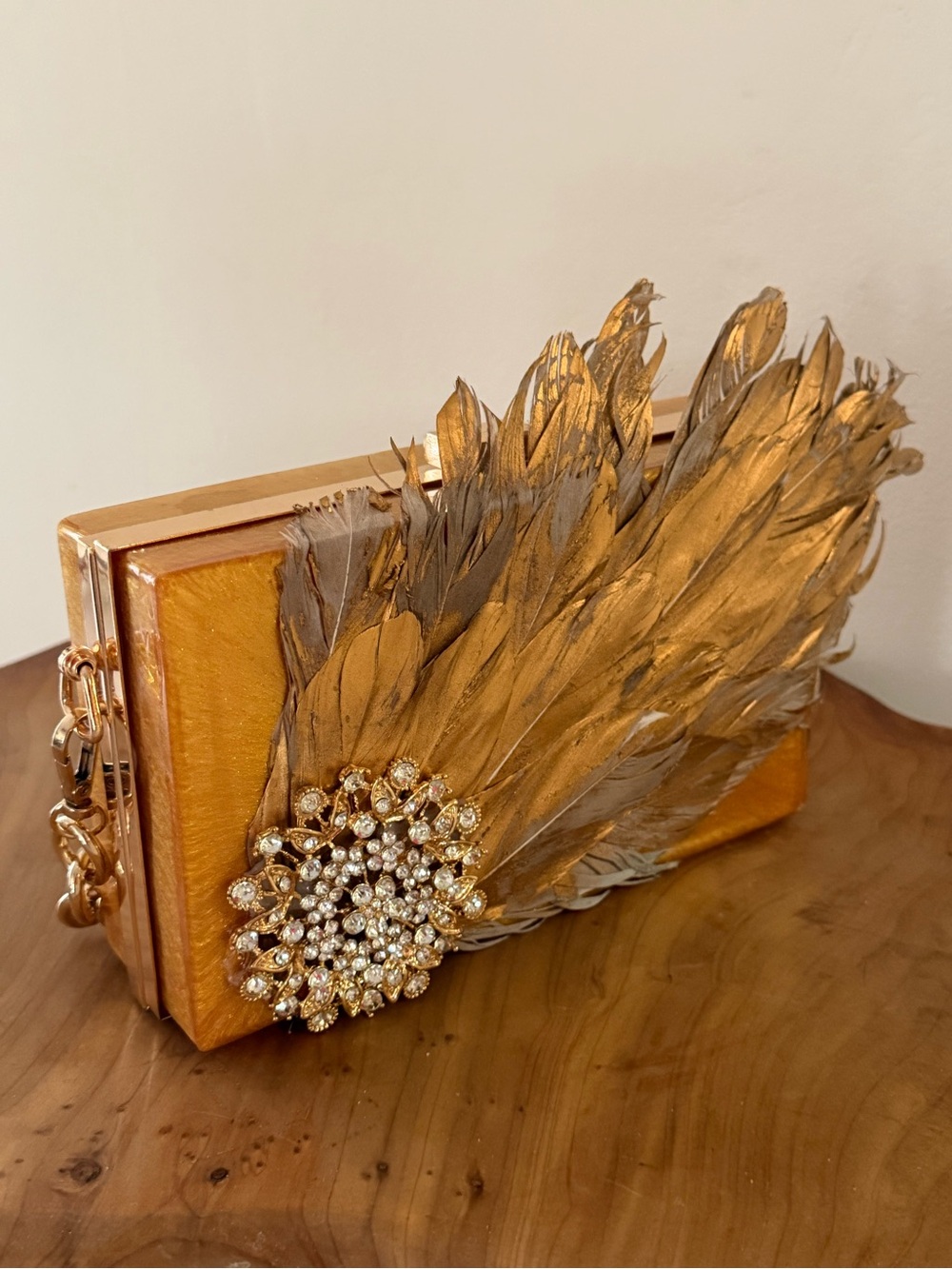 Gold Feather Embellished Evening Clutch - Unbranded